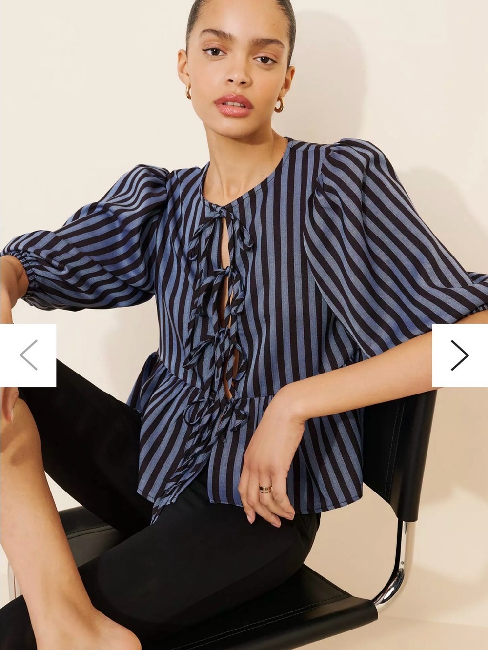 Glamorous Navy and Black Vertical Stripe Tie-Front Puff Sleeve Blouse